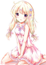 Rule 34 | 1girl, bare arms, bare shoulders, barefoot, between legs, blonde hair, blush, breasts, collarbone, commentary request, dress, hair ornament, hair ribbon, hairclip, hand between legs, long hair, looking at viewer, neck ribbon, open mouth, original, pink dress, pink ribbon, purple ribbon, red eyes, ribbon, shihou haru, simple background, sitting, sleeveless, sleeveless dress, small breasts, solo, wariza, white background, x hair ornament
