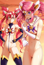 Rule 34 | 2girls, adapted costume, alternate costume, alternate hair color, alternate hairstyle, areola slip, blush, bottomless, bow, bowtie, breasts, brown eyes, cleft of venus, covered erect nipples, elbow gloves, embarrassed, evening, fingerless gloves, gloves, hands on own hips, janong, jinx (league of legends), league of legends, lux (league of legends), magical girl, multiple girls, navel, pink hair, purple eyes, pussy, red hair, revealing clothes, sailor collar, small breasts, smile, star (symbol), star guardian (league of legends), star guardian jinx, star guardian lux, thighhighs, tiara, twintails, uncensored, white gloves