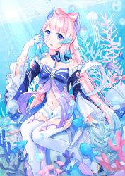 Rule 34 | 1girl, air bubble, blunt bangs, bubble, commentary request, coral reef, detached sleeves, genshin impact, gloves, gradient hair, hair ornament, half gloves, head tilt, highres, long hair, long sleeves, looking at viewer, low twintails, midriff, multicolored hair, navel, ocean, parted lips, pink hair, purple eyes, sangonomiya kokomi, short shorts, shorts, sidelocks, sitting, solo, thighhighs, twintails, two-tone hair, underwater, vision (genshin impact), white gloves, white shorts, white thighhighs, wide sleeves, yutukicom, zettai ryouiki