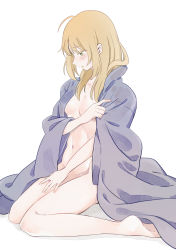 Rule 34 | 1girl, ahoge, artoria pendragon (all), artoria pendragon (fate), barefoot, blonde hair, blush, breasts, cleavage, collarbone, fate/stay night, fate (series), green eyes, hair between eyes, highres, long hair, navel, nude, profile, saber (fate), simple background, sitting, small breasts, soles, solo, suzuakks, white background