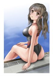Rule 34 | 1girl, ass, bare shoulders, blush, breasts, brown eyes, brown hair, competition swimsuit, from behind, highres, long hair, looking at viewer, looking back, mashinatsu, one-piece swimsuit, original, poolside, side ponytail, sideboob, sitting, solo, swimsuit, two side up, wedgie
