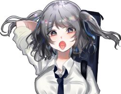 Rule 34 | 1girl, blue necktie, blush, close-up, collared shirt, eyelashes, grey eyes, grey hair, hand on own head, long sleeves, necktie, open mouth, original, school uniform, sharp teeth, shirt, sleeve rolled up, suzune hapinesu, tabletop rpg, teeth, tongue, tongue out, twintails, upper body, violin case, wavy hair, white shirt