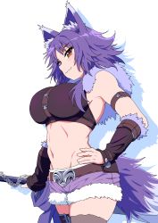 Rule 34 | 1girl, animal ear fluff, animal ears, arm belt, armpit crease, bare shoulders, black shorts, black thighhighs, breasts, brown eyes, chest belt, closed mouth, commentary, cowboy shot, crop top, detached sleeves, drop shadow, fur-trimmed shorts, fur trim, groin, hand on own hip, highres, holding, holding sword, holding weapon, large breasts, leg belt, long hair, looking at viewer, makoto (princess connect!), mamiyama, midriff, navel, princess connect!, profile, purple hair, purple shorts, shadow, shirt, short shorts, shorts, sidelocks, simple background, single thighhigh, skindentation, sleeveless, sleeveless shirt, smile, solo, standing, sword, tail, thighhighs, weapon, white background, wolf ears, wolf girl, wolf tail, yellow eyes