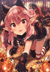 Rule 34 | 1girl, all fours, animal ears, asymmetrical legwear, black gloves, blurry, blush, commentary request, cowlick, depth of field, gloves, hair between eyes, halloween, halterneck, hand up, highres, jack-o&#039;-lantern, long hair, looking at viewer, mismatched legwear, narumi arata, open mouth, original, pink hair, pointy ears, recri (narumi arata), red eyes, red ribbon, revision, ribbon, shorts, smile, solo, striped clothes, striped legwear, striped thighhighs, tail, tail ornament, tail ribbon, thighhighs, thighs, wings