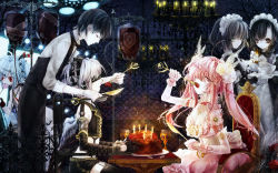 Rule 34 | 1boy, 5girls, birthday cake, black hair, blindfold, blood, braid, cake, candle, candy, chair, cup, drinking glass, eating, feeding, flower, food, fork, goni hane, hair flower, hair ornament, headphones, indoors, lollipop, long hair, maid, mouth hold, multiple girls, night, night sky, original, pink hair, profile, red eyes, red rose, rose, sensory deprivation, short hair, sitting, sky, star (sky), starry sky, table, twintails, waiter, white hair, white rose, wine glass, wings