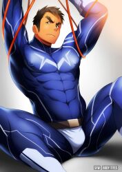 Rule 34 | 1boy, bara, belt, black belt, black hair, blue bodysuit, bodysuit, character request, closed mouth, copyright request, covered abs, covered erect nipples, english text, highres, large pectorals, looking at viewer, male focus, muscular, muscular male, pectorals, red rope, rope, short hair, solo, sudo (sudo kurokawa), white bodysuit