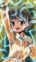 Rule 34 | 1girl, :d, absurdres, arm up, brown eyes, brown hair, commentary, electricity, girls und panzer, gloves, hand on own chest, highres, jumpsuit, kamishima kanon, lightning, long sleeves, looking at viewer, mechanic, nakajima (girls und panzer), open mouth, orange jumpsuit, raised fist, romaji text, short hair, smile, solo, standing, super saiyan, super saiyan 2, uniform, white gloves