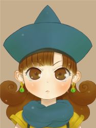 Rule 34 | 1girl, :&lt;, alena (dq4), blue hat, blue scarf, blunt bangs, brown eyes, brown hair, closed mouth, curly hair, dragon quest, dragon quest iv, earrings, ebimomo, grey background, hat, jewelry, looking at viewer, portrait, scarf, short sleeves, simple background, solo