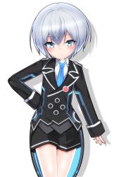 Rule 34 | 1girl, absurdres, black shorts, blue eyes, blue necktie, blush, closed mouth, collared shirt, commentary request, cowboy shot, grey hair, hair between eyes, highres, jacket, jinguuji kei, long sleeves, looking at viewer, lylawhitechapel, necktie, neptune (series), shadow, shirt, short hair, shorts, smile, solo, standing, white background, white shirt