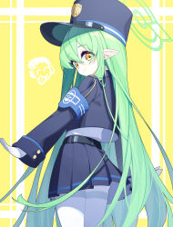 Rule 34 | 1girl, absurdres, aiee, armband, belt, black belt, blue archive, blue armband, blue jacket, blue skirt, commentary, doodle sensei (blue archive), from behind, gloves, green hair, hair between eyes, halo, hat, highres, hikari (blue archive), jacket, long hair, looking at viewer, pantyhose, pleated skirt, pointy ears, sensei (blue archive), shako cap, shirt, sidelocks, skirt, solo, standing, symbol-only commentary, tareme, thighband pantyhose, very long hair, white gloves, white pantyhose, white shirt, yellow eyes