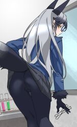Rule 34 | 1girl, absurdres, animal ears, ass, black gloves, black pantyhose, blue jacket, commentary, extra ears, fox ears, fox girl, fox tail, from behind, frown, fur-trimmed sleeves, fur trim, glasses, gloves, grey hair, grey skirt, highres, holding, holding test tube, jacket, kemono friends, long hair, long sleeves, looking at viewer, looking back, orange eyes, pantyhose, round eyewear, silver fox (kemono friends), skirt, solo, tail, tanabe (fueisei), test tube, thigh gap, very long hair
