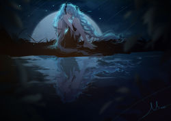 Rule 34 | 1girl, bare arms, bare shoulders, barefoot, black bow, black dress, blue eyes, blue hair, blurry, blurry foreground, bow, closed mouth, commentary request, depth of field, dress, falling star, full moon, hair between eyes, hair bow, hatsune miku, head tilt, highres, hugging own legs, long hair, looking at viewer, looking to the side, miemia, moon, night, night sky, reflection, shooting star, signature, sitting, sky, solo, twintails, very long hair, vocaloid, water