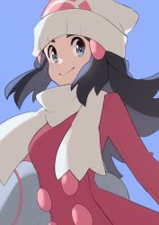 Rule 34 | 1girl, azuumori, bag, beanie, black hair, closed mouth, coat, commentary, creatures (company), dawn (pokemon), duffel bag, english commentary, from below, game freak, grey bag, grey eyes, hair ornament, hairclip, hat, highres, long hair, nintendo, pokemon, pokemon dppt, pokemon platinum, purple background, scarf, sidelocks, simple background, smile, solo, white hat, white scarf, winter clothes