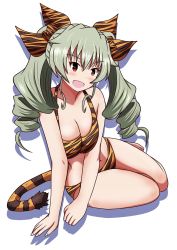 Rule 34 | 1girl, anchovy (girls und panzer), arm support, barefoot, bikini, breasts, cleavage, commentary, drill hair, girls und panzer, green hair, hair ribbon, halterneck, highres, long hair, looking at viewer, medium breasts, meiya, navel, open mouth, orange bikini, orange ribbon, print bikini, print ribbon, red eyes, ribbon, shadow, simple background, sitting, smile, swimsuit, tail, tiger tail, twin drills, twintails, white background, yokozuwari