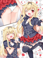 Rule 34 | 1girl, alternate costume, arm up, ass, black thighhighs, blonde hair, breasts, closed eyes, commentary request, fingerless gloves, gloves, hair flaps, hair ornament, hair ribbon, hairclip, heart, highres, kantai collection, long hair, looking at viewer, musical note, one eye closed, open mouth, panties, red eyes, red skirt, ribbon, skirt, smile, spoken heart, spoken musical note, sugisaki yuu, thighhighs, underwear, white panties, yuudachi (kancolle)