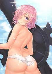 Rule 34 | 1girl, absurdres, ass, back, bad id, bad pixiv id, blue background, blush, closed mouth, convenient arm, cowboy shot, eyes visible through hair, fate/grand order, fate (series), hair over one eye, highres, mash kyrielight, oversized object, panties, pink hair, purple eyes, semi-rimless eyewear, shield, shiny skin, short hair, skindentation, smile, solo, standing, topless, under-rim eyewear, underwear, underwear only, wedgie, white panties, xiao miao