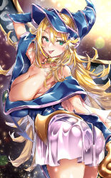 Rule 34 | 1girl, absurdres, ass, bare shoulders, blonde hair, blue hat, blue leotard, blush, breasts, cleavage, dark magician girl, detached sleeves, duel monster, green eyes, hat, highres, jewelry, large breasts, leotard, long hair, looking at viewer, looking back, neck ring, off shoulder, pink skirt, sasakuma kyouta, skirt, smile, solo, thighs, tongue, tongue out, wizard hat, yu-gi-oh!