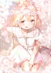 Rule 34 | 1girl, :d, blonde hair, blurry, brown hair, cherry blossoms, commentary request, depth of field, dress, falling petals, flower, flower wreath, full body, futaba anzu, hair ribbon, hanami, hand on lap, hand up, head wreath, highres, idolmaster, idolmaster cinderella girls, kinako (shiratama mochi), long hair, looking at viewer, low twintails, open mouth, outdoors, petals, ribbon, sash, sitting, smile, solo, twintails, twitter username, very long hair, white dress