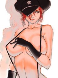 Rule 34 | 1girl, bakuretsu hunters, breasts, brown eyes, chocolate misu, collarbone, dominatrix, fumio (rsqkr), gloves, hair over one eye, hat, hat over one eye, huge breasts, large breasts, lips, lipstick, makeup, naked suspenders, one eye covered, red eyes, red hair, revealing clothes, shadow, short hair, solo, suspenders, topless