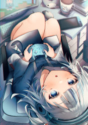 Rule 34 | 1girl, :o, absurdres, blue eyes, blue hair, blue hoodie, blunt bangs, blush, controller, desk, from above, game controller, gawr gura, hair ornament, headphones, highres, holding, holding controller, holding game controller, hololive, hololive english, hood, hood down, hoodie, long hair, long sleeves, looking at viewer, masi masio, multicolored hair, open mouth, shark hair ornament, silver hair, sitting, solo, streaked hair, two side up, virtual youtuber