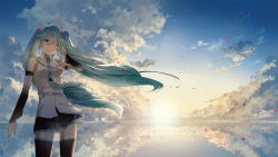 Rule 34 | 1girl, ;), black skirt, blue eyes, blue hair, blue nails, blue necktie, blue sky, blurry, bokeh, clothes lift, cloud, cloudy sky, cowboy shot, day, depth of field, detached sleeves, evening, fingernails, floating hair, hand in own hair, hand up, happy, hatsune miku, highres, jin yun, long hair, looking at viewer, nail polish, necktie, one eye closed, outdoors, reflecting pool, reflection, reflective water, shirt, skirt, skirt lift, sky, sleeveless, sleeveless shirt, smile, solo, standing, sun, sunlight, thighhighs, twintails, upper body, very long hair, vocaloid, water, white shirt, wind, wind lift