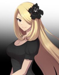 Rule 34 | 1girl, alternate costume, black dress, black flower, blonde hair, breasts, cleavage, closed mouth, commentary request, creatures (company), cynthia (pokemon), dress, eyelashes, flower, from side, game freak, gradient background, grey eyes, hair flower, hair ornament, hair over one eye, highres, large breasts, long hair, looking at viewer, looking to the side, medium breasts, naelle (pkmn realidea), nintendo, pokemon, pokemon dppt, short sleeves, smile, solo