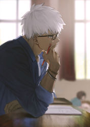 Rule 34 | 1boy, absurdres, archer (fate), black-framed eyewear, blurry, blurry background, book, bracelet, collared shirt, curtains, dark skin, dark-skinned male, desk, fate/grand order, fate/stay night, fate (series), from side, glasses, grey eyes, hataya, highres, jewelry, male focus, mechanical pencil, pencil, shirt, sitting, archer (summer casual) (fate), white hair, window
