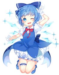 Rule 34 | 1girl, bloomers, blue bow, blue dress, blue eyes, blue footwear, blue hair, blush, bow, bowtie, bridal garter, cirno, dress, gloves, hair bow, high heels, highres, ice, ice wings, looking at viewer, matching hair/eyes, one eye closed, open mouth, paragasu (parags112), red bow, red bowtie, salute, shoes, short hair, simple background, smile, solo, sparkle, teeth, touhou, underwear, white background, white gloves, wings