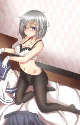 Rule 34 | 10s, 1girl, bare shoulders, bed sheet, blue eyes, blue skirt, blush, breasts, cleavage, collarbone, eyebrows, eyes visible through hair, gloves, hair over one eye, hamakaze (kancolle), highres, kantai collection, large breasts, looking at viewer, messy hair, navel, pantyhose, pleated skirt, school uniform, serafuku, short hair, silver hair, skirt, solo, thighband pantyhose, undressing, white gloves, wosero