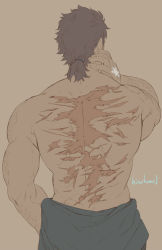 Rule 34 | 1boy, artist name, back, bad id, bad twitter id, bara, brown hair, cowboy shot, from behind, highres, hinokumo f, houzouin oniwaka, male focus, mature male, medium hair, mononobe kyoma, muscular, muscular male, scar, scar on back, simple background, solo, tokyo houkago summoners, topless male