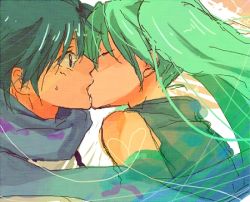 Rule 34 | 1boy, 1girl, bad id, bad pixiv id, from side, green hair, hatsune miku, hetero, kaito (vocaloid), kiss, lowres, scarf, short hair, surprised, uni (gumin), uniko, vocaloid