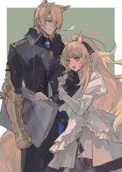 Rule 34 | 1boy, 1girl, absurdres, animal ear fluff, animal ears, arknights, armor, armored gloves, black coat, black hairband, blemishine (arknights), blemishine (elite ii) (arknights), blonde hair, blush, coat, dress, extra ears, fingernails, flower, gloves, green background, grey necktie, h2o2, hairband, highres, holding, holding another&#039;s arm, holding newspaper, horse ears, horse girl, horse tail, long hair, long sleeves, mlynar (arknights), necktie, newspaper, ponytail, skirt, smile, standing, tail, two-tone background, uncle and niece, white background, white dress, white gloves, white skirt, white sleeves, yellow eyes