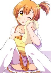 Rule 34 | 1girl, ;o, blush, clenched hand, hair bobbles, hair ornament, hand on own chest, hoshizora rin, love live!, love live! school idol festival, love live! school idol project, miniskirt, one eye closed, orange hair, sen (sen0910), short hair, side ponytail, sitting, skirt, solo, sweat, thighhighs, towel, white background, white thighhighs, wiping face, yellow eyes