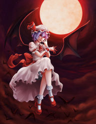 Rule 34 | 1girl, :d, ascot, backlighting, bat (animal), bat wings, blood, blood from mouth, bloomers, bow, brooch, crossed legs, dress, fang, flying, full body, full moon, hat, hat ribbon, jewelry, light purple hair, looking at viewer, mary janes, mob cap, moon, night, night sky, open mouth, pink dress, puffy short sleeves, puffy sleeves, red bow, red eyes, red footwear, red moon, red ribbon, remilia scarlet, ribbon, sash, shoes, short hair, short sleeves, sky, sleepingfox, smile, socks, solo, star (sky), starry sky, touhou, underwear, white socks, wings, wrist cuffs