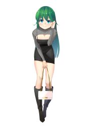 Rule 34 | 1girl, absurdres, bag, black footwear, blue eyes, blush, boots, breasts, cleavage, cleavage cutout, clothing cutout, dress, full body, grand summoners, green hair, hand in own hair, highres, large breasts, long hair, long sleeves, looking at viewer, meme attire, open-chest sweater, puppuppa, salyssa (grand summoners), short dress, sweater, white background