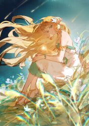 Rule 34 | 1girl, armlet, bare shoulders, blonde hair, blue sky, blurry, blurry foreground, bracelet, choker, closed mouth, commentary, dalujiadebianyuan, dress, earrings, floating hair, flower, from side, grass, green eyes, hair flower, hair ornament, hands on own knees, headpiece, highres, jewelry, knees up, long hair, looking at viewer, looking to the side, nintendo, outdoors, parted bangs, pointy ears, princess, princess zelda, shooting star, sitting, sky, sleeveless, sleeveless dress, solo, strapless, strapless dress, symbol-only commentary, the legend of zelda, the legend of zelda: tears of the kingdom, white dress