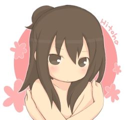 Rule 34 | 1girl, bad id, bad pixiv id, blush, brown eyes, brown hair, child, cover, covering privates, female focus, hair bun, idu michito, long hair, lowres, marui hitoha, mitsudomoe, nude, nude cover, single hair bun, solo, white background