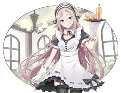 Rule 34 | 1girl, apron, aqua eyes, bottle, cevio, chandelier, commentary, cowboy shot, cup, dress, fishnet thighhighs, fishnets, frilled dress, frills, gloves, hand up, holding, holding tray, ia (vocaloid), indoors, long hair, looking at viewer, maid, maid apron, maid day, maid headdress, platinum blonde hair, round image, shidoh279, short sleeves, smile, solo, suspenders, thighhighs, tray, very long hair, vocaloid, white apron, white gloves