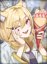 Rule 34 | 1girl, animal ears, arknights, blonde hair, blurry, blurry background, fake animal ears, food, holding, holding food, jacket, long sleeves, looking at viewer, memetaroh, one eye closed, open clothes, open jacket, open mouth, puffy long sleeves, puffy sleeves, purple eyes, smile, solo, upper body, utage (arknights), white jacket