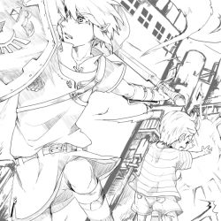 Rule 34 | 2boys, bad id, bad pixiv id, gloves, greyscale, hat, holding, holding sword, holding weapon, hylian shield, link, lucas (mother 3), male focus, master sword, monochrome, mother (game), mother 3, multiple boys, nintendo, shield, super smash bros., sword, the legend of zelda, weapon