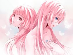 Rule 34 | 2girls, back-to-back, blue eyes, blunt bangs, collarbone, from side, long hair, megurine luka, multiple girls, nail polish, nekomura iroha, nude, open mouth, pink eyes, pink hair, settyaro, spot color, twintails, vocaloid