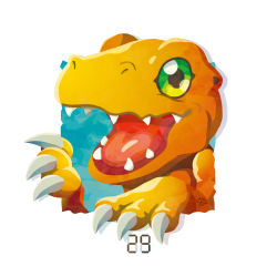 Rule 34 | agumon, black eyes, claws, colored sclera, digimon, digimon (creature), green sclera, grey background, no humans, numbered, open mouth, sharp teeth, solo, teeth, yam retsu