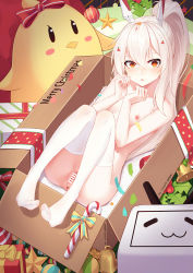 Rule 34 | 1girl, anus, ayanami (azur lane), azur lane, bar censor, bell, blonde hair, blush, box, breasts, candy, candy cane, censored, christmas, food, full body, ge zhong kuaile, gift, hair between eyes, hands up, headgear, highres, in box, in container, knees up, legs up, long hair, looking at viewer, manjuu (azur lane), merry christmas, mistletoe, nipples, nude, open mouth, own hands together, ponytail, pussy, red eyes, small breasts, solo, star (symbol), thighhighs, white thighhighs