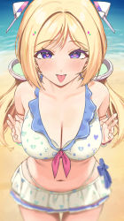 Rule 34 | 1girl, :p, absurdres, aki rosenthal, bare shoulders, beach, bikini, bikini skirt, blonde hair, blurry, blush, breasts, cleavage, cowboy shot, day, depth of field, detached hair, hair ornament, heart, heart-shaped pupils, highres, hololive, large breasts, long hair, looking at viewer, navel, outdoors, purple eyes, solo, standing, stomach, swimsuit, symbol-shaped pupils, tongue, tongue out, twin (tt lsh), twintails, virtual youtuber, white bikini