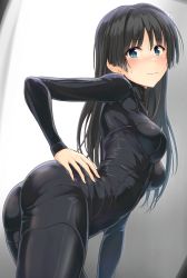 Rule 34 | 1girl, absurdres, arched back, ass, black bodysuit, black hair, blue eyes, blush, bodysuit, breasts, catsuit, closed mouth, commentary request, cowboy shot, embarrassed, flower, from below, from side, gradient background, grey background, hair flower, hair ornament, hand on own hip, highres, k3rd, leaning forward, long hair, long sleeves, looking at viewer, medium breasts, saten ruiko, skin tight, solo, standing, toaru kagaku no railgun, toaru majutsu no index