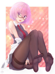 Rule 34 | 1girl, absurdres, blush, covering privates, covering crotch, fate/grand order, fate (series), feet, glasses, highres, looking at viewer, mash kyrielight, medium hair, open mouth, panties, panties under pantyhose, pantyhose, pantyshot, purple eyes, purple hair, soles, toes, underwear