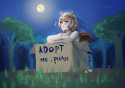 Rule 34 | 1girl, absurdres, acorn, animal ears, artist request, ayunda risu, bottle, box, cardboard box, english text, for adoption, forest, highres, hololive, hololive indonesia, in box, in container, moon, moona hoshinova, nature, night, no headwear, no headwear, outdoors, short hair, solo, squirrel ears, squirrel girl, squirrel tail, tail, tree, virtual youtuber, water bottle