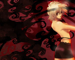 Rule 34 | 1girl, black skirt, blonde hair, breasts, cowboy shot, from side, hellsing, large breasts, looking at viewer, medium hair, miniskirt, pencil skirt, profile, red background, red eyes, seras victoria, skirt, solo, topless, toshimichi yukari