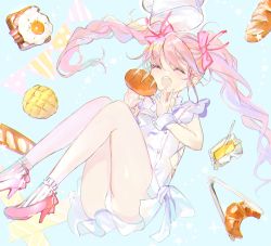 Rule 34 | 1girl, :d, atsumi jun, bacon, baguette, bread, bread slice, butter, chef hat, closed eyes, commentary request, croissant, dress, egg (food), food, fried egg, fried egg on toast, garland (decoration), hair ribbon, hands up, hat, high heels, highres, long hair, open mouth, original, panties, pastel colors, pink hair, red footwear, red ribbon, ribbon, round teeth, smile, solo, teeth, toast, tongs, twintails, underwear, white dress, white panties, wrist cuffs