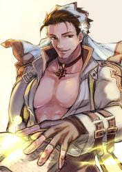 Rule 34 | 1boy, arch bishop (ragnarok online), black gloves, book, brown eyes, brown hair, commentary request, dated, eric flay, fingerless gloves, gloves, headdress, highres, long sleeves, looking at viewer, male focus, open mouth, pectorals, ragnarok online, short hair, signature, smile, solo, upper body